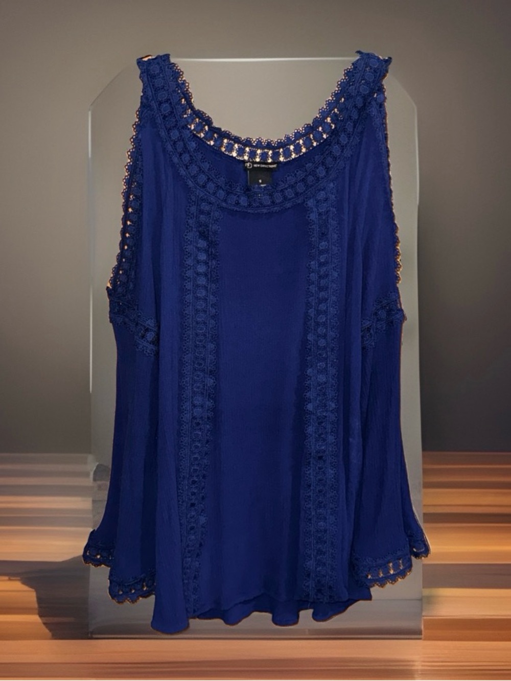 new directions Royal Blue Crochet/Lace-Trim Long-Sleeve Cold Shoulder Top-S-EC
